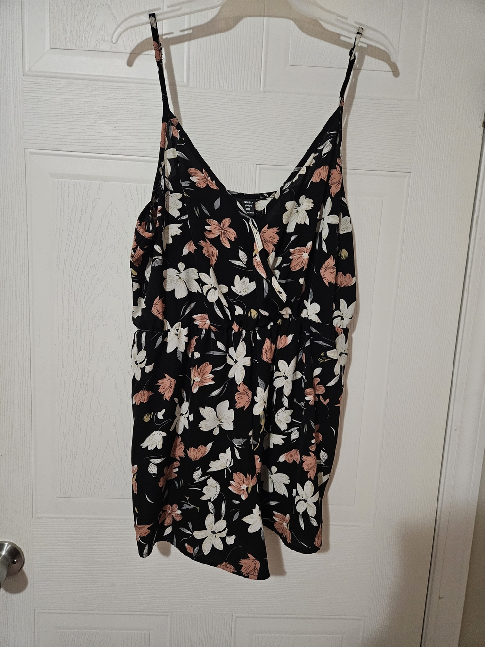 SHEIN Black Floral V-Neck Romper with Cream & Blush Accents